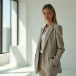 Femme confiante en blazer dans un studio lumineux