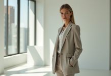 Femme confiante en blazer dans un studio lumineux