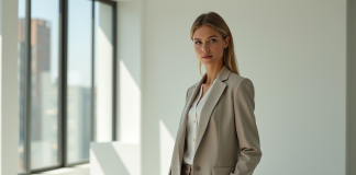 Femme confiante en blazer dans un studio lumineux