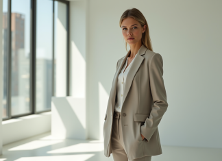 Femme confiante en blazer dans un studio lumineux