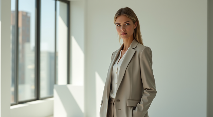 Femme confiante en blazer dans un studio lumineux