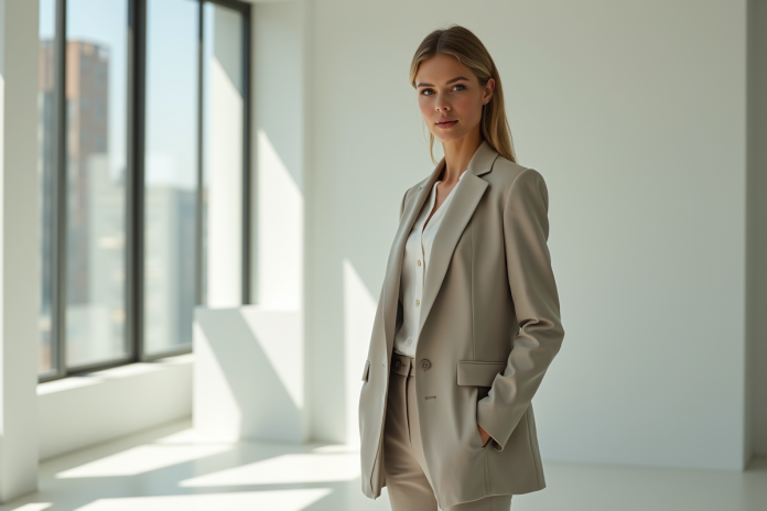 Femme confiante en blazer dans un studio lumineux