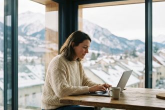Femme travaillant sur son ordinateur dans un appartement alpin enneige