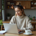 Travailler à domicile : comment maintenir sa productivité ? Femme travaillant sur son ordinateur dans un intérieur cosy