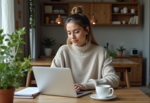 Travailler à domicile : comment maintenir sa productivité ? Femme travaillant sur son ordinateur dans un intérieur cosy