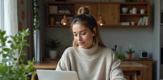 Travailler à domicile : comment maintenir sa productivité ? Femme travaillant sur son ordinateur dans un intérieur cosy