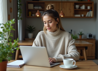 Travailler à domicile : comment maintenir sa productivité ? Femme travaillant sur son ordinateur dans un intérieur cosy