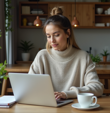 Travailler à domicile : comment maintenir sa productivité ? Femme travaillant sur son ordinateur dans un intérieur cosy