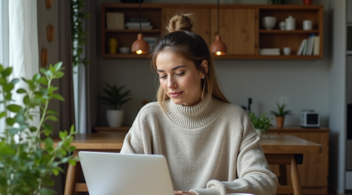 Travailler à domicile : comment maintenir sa productivité ? Femme travaillant sur son ordinateur dans un intérieur cosy
