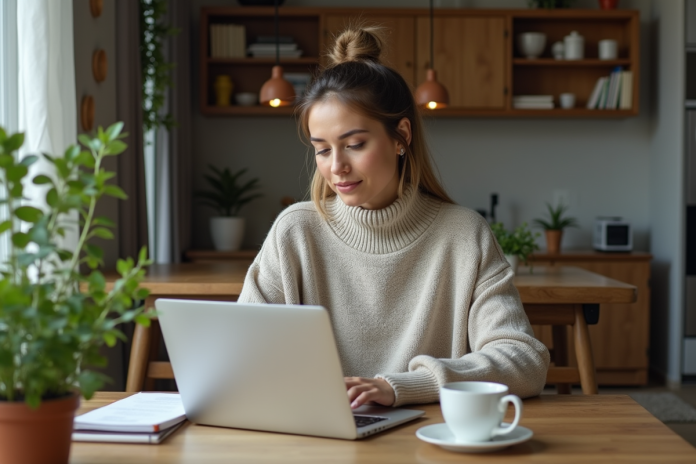 femme-travail-cosy-maison Femme travaillant sur son ordinateur dans un intérieur cosy