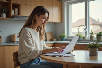 Femme attentive à ses documents dans une cuisine moderne