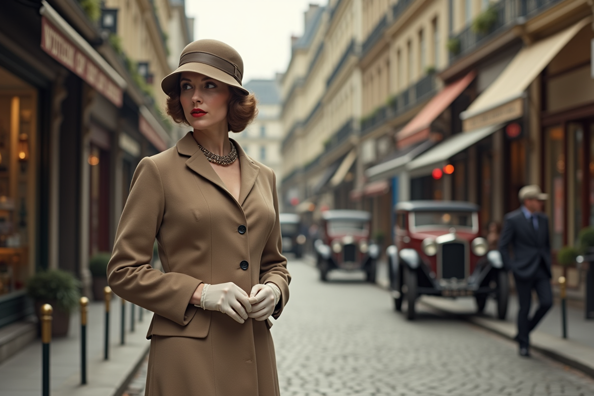 Femme élégante en robe biascut dans Paris vintage