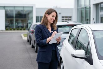 Femme d affaires examine une voiture economique neuve