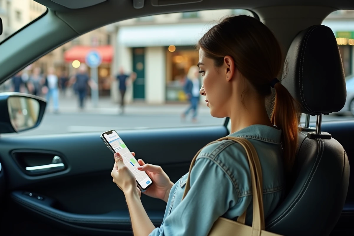 Femme dans sa voiture cherchant un point relais Mondial Relay proche sur son téléphone depuis un parking