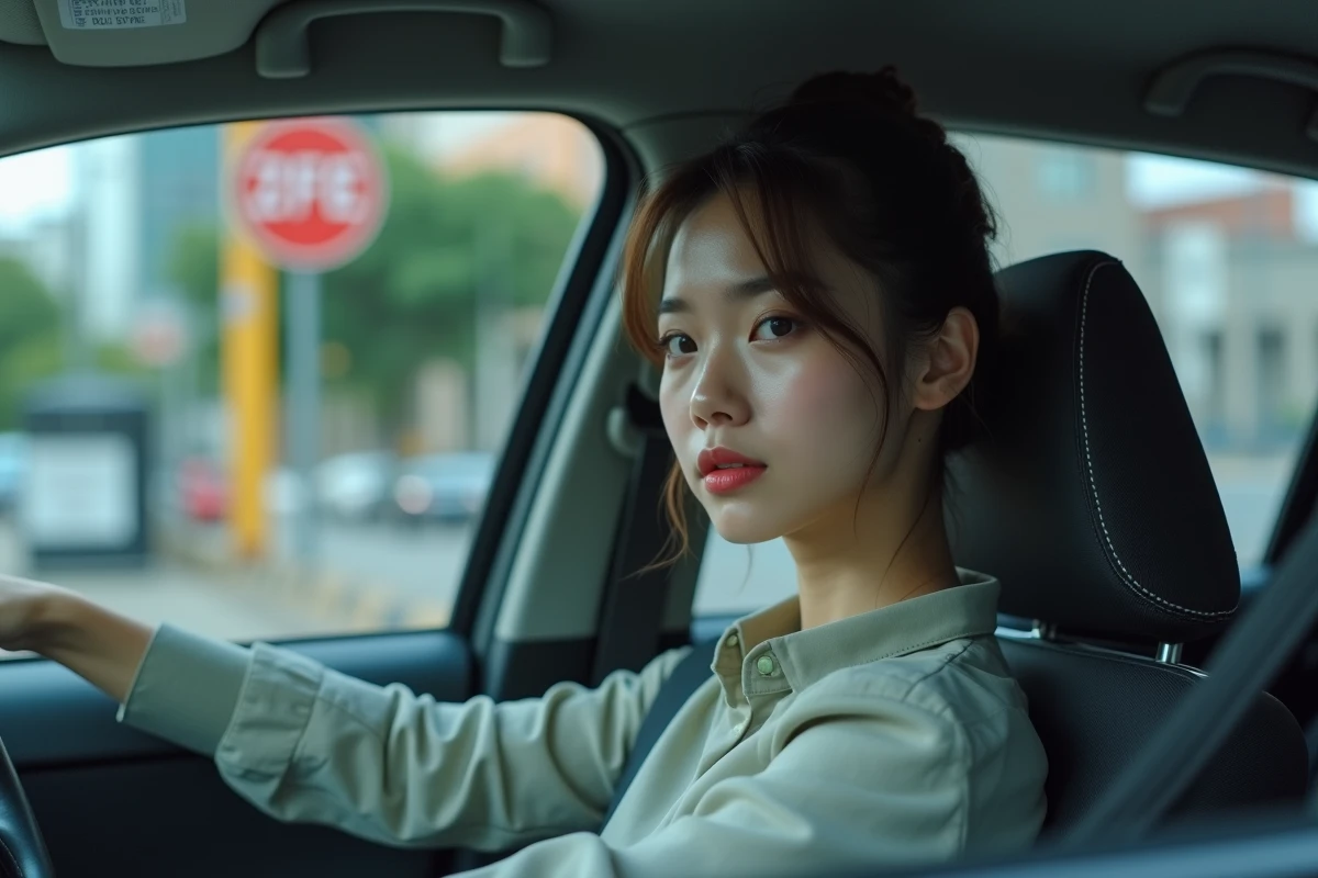 Jeune femme dans une voiture regardant le panneau ZFE