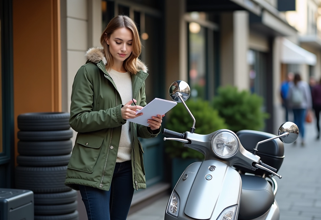 Jeune femme vérifiant une moto Dax 50cc devant un magasin