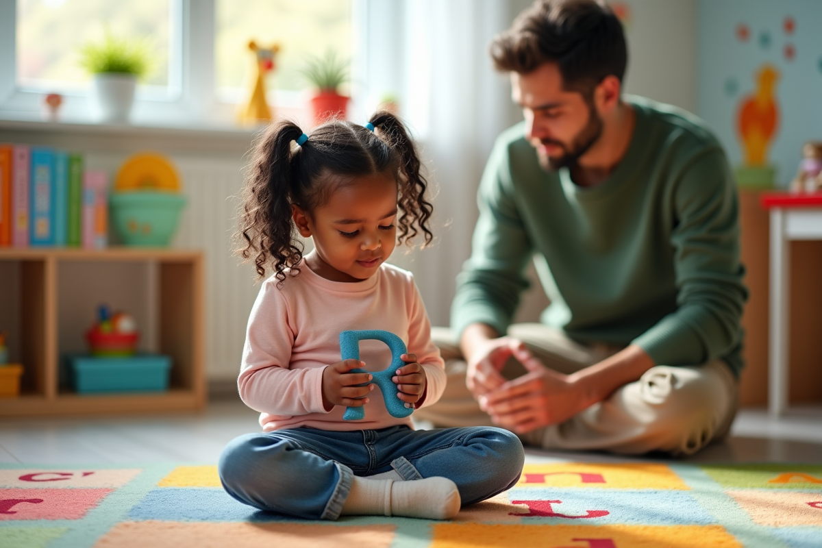 Fille de 6 ans répétant le son R avec son père
