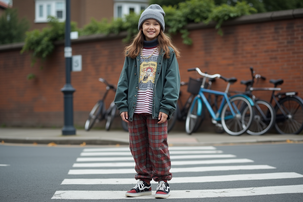 Jeune fille en streetwear au passage piéton en ville