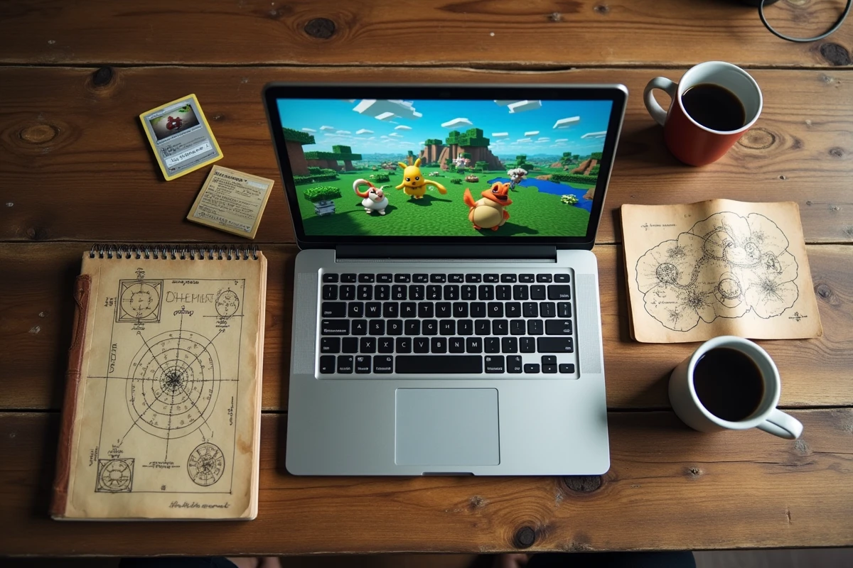 Flat-lay de bureau avec ordinateur portable Minecraft, cartes Pokémon et notes de ligue Pokémon