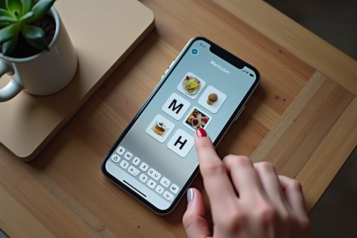 Vue aérienne d'un smartphone affichant un puzzle 4 images 1 mot avec 9 cases lettres, main sélectionnant une lettre
