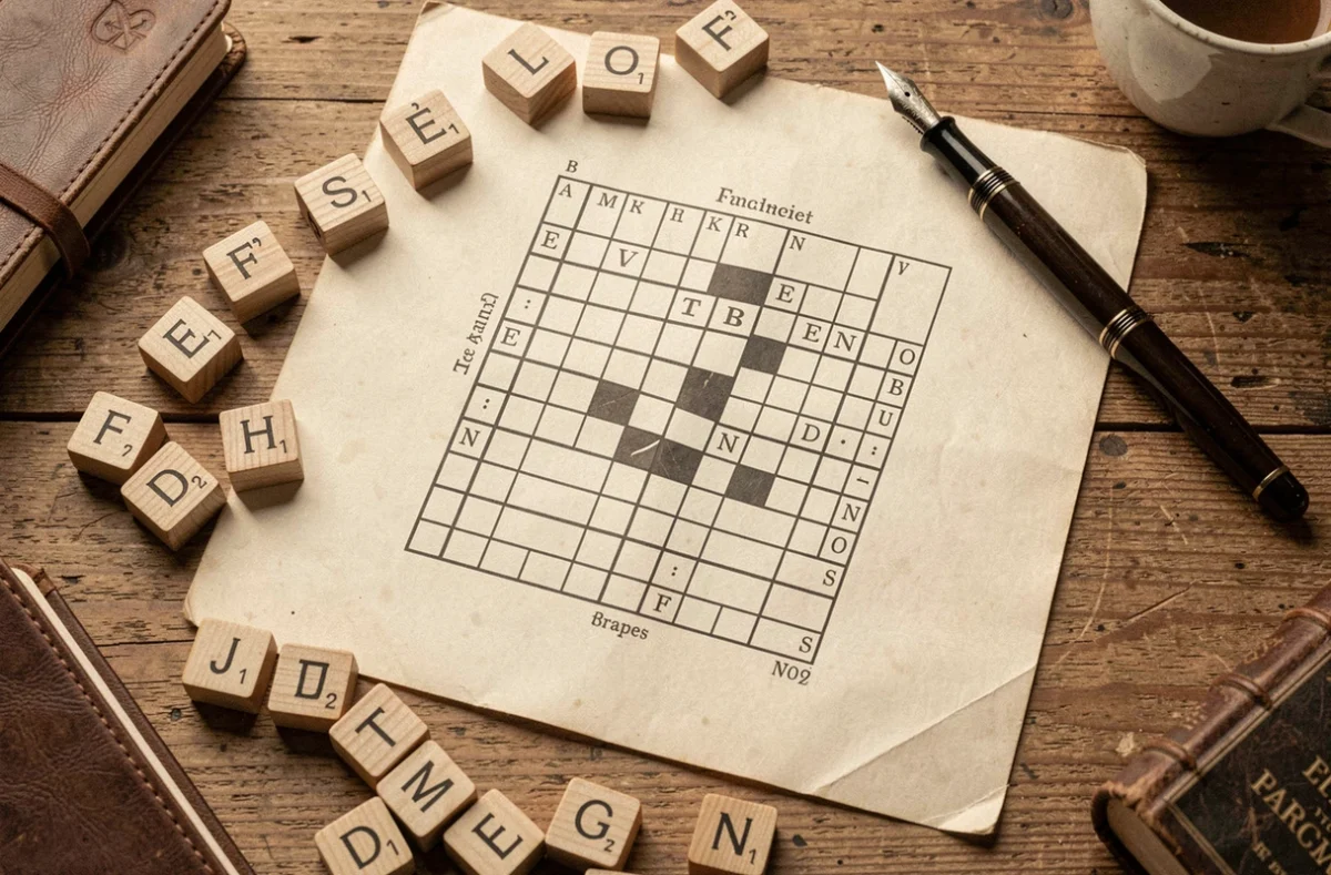 Vue aérienne d'une grille de mots croisés entourée de tuiles de Scrabble en bois et d'un dictionnaire français