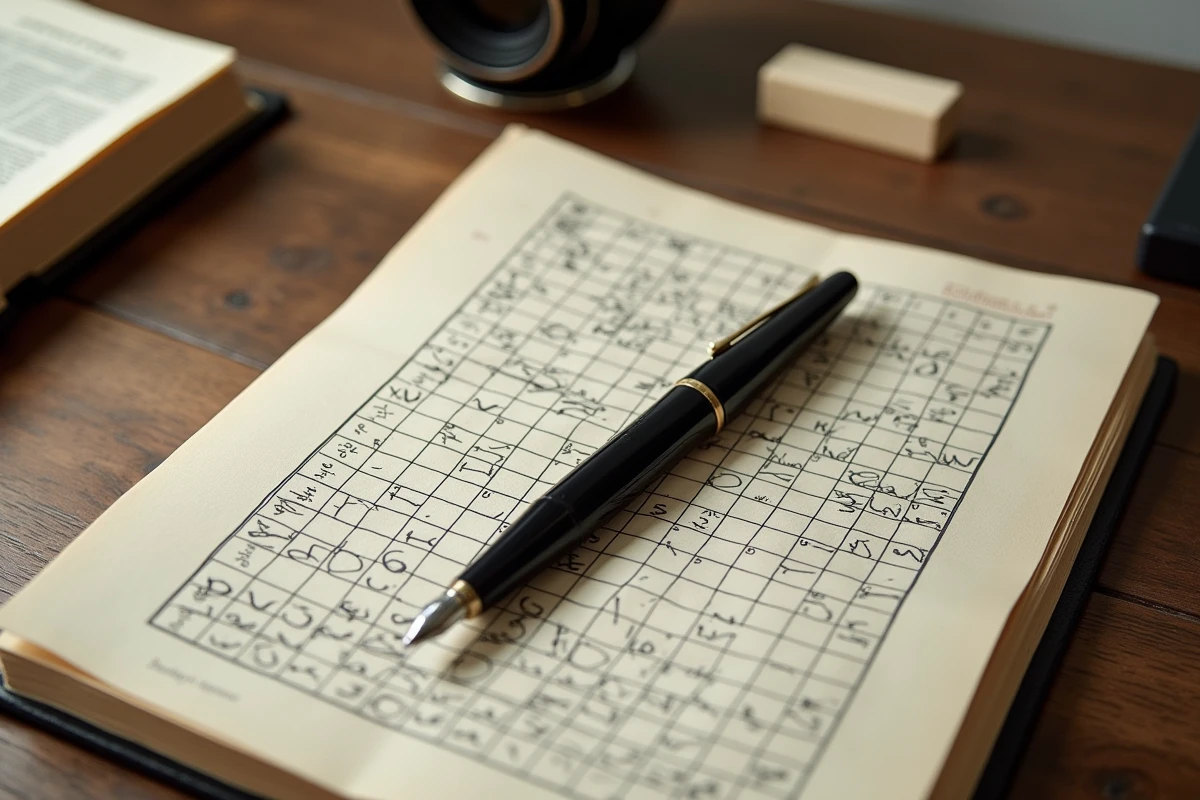 Vue à plat d'un livre de mots fléchés ouvert, un stylo plume, un dictionnaire et des accessoires de cruciverbiste sur un bureau en chêne rustique