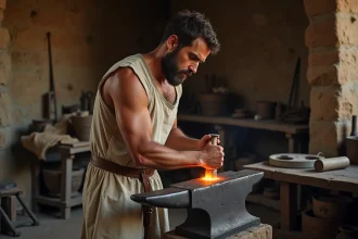Forgeron méditerranéen forgeant du fer dans une forge antique
