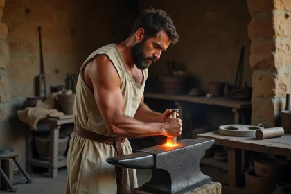 Forgeron méditerranéen forgeant du fer dans une forge antique