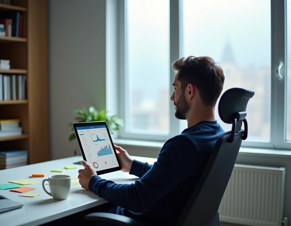 Homme analysant les changements et évolutions du site Fusov 2026 sur une tablette dans son bureau à domicile