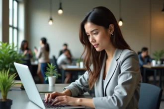 Jeune femme explorant les nouvelles fonctionnalités du site Fusov en 2026 sur son ordinateur portable dans un bureau moderne
