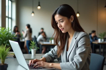 Jeune femme explorant les nouvelles fonctionnalités du site Fusov en 2026 sur son ordinateur portable dans un bureau moderne