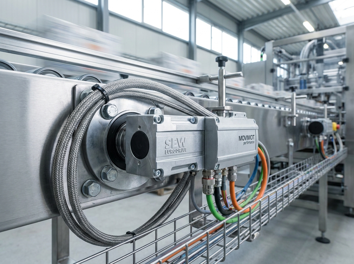 Gros plan d'un entraînement décentralisé compact intégré directement sur un convoyeur dans une usine d'emballage industrielle