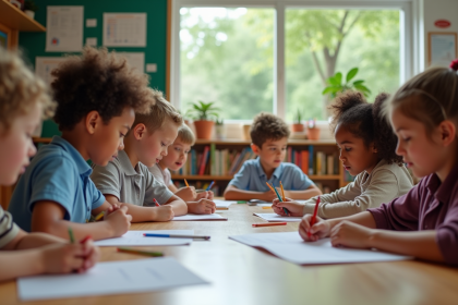 Enfants d age scolaire travaillant ensemble en classe