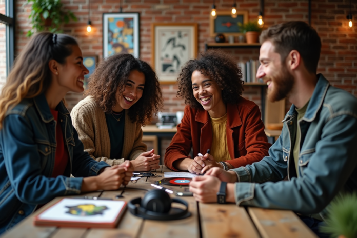 Groupe de jeunes musiciens dans un studio créatif