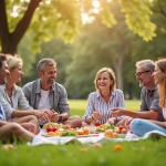 Groupe diversifié de personnes souriantes lors d'un pique-nique en plein air