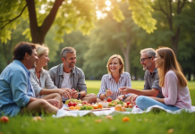 Groupe diversifié de personnes souriantes lors d'un pique-nique en plein air