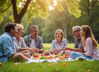 Groupe diversifié de personnes souriantes lors d'un pique-nique en plein air