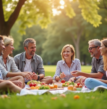 Groupe diversifié de personnes souriantes lors d'un pique-nique en plein air