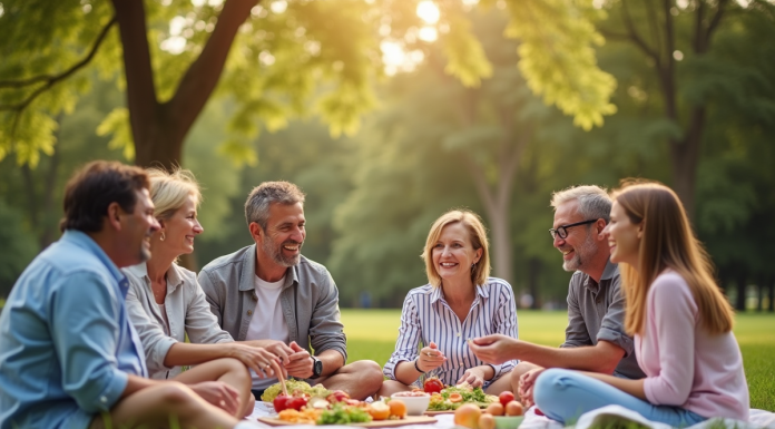 Groupe diversifié de personnes souriantes lors d'un pique-nique en plein air