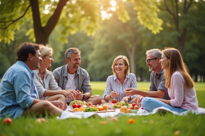 Groupe diversifié de personnes souriantes lors d'un pique-nique en plein air