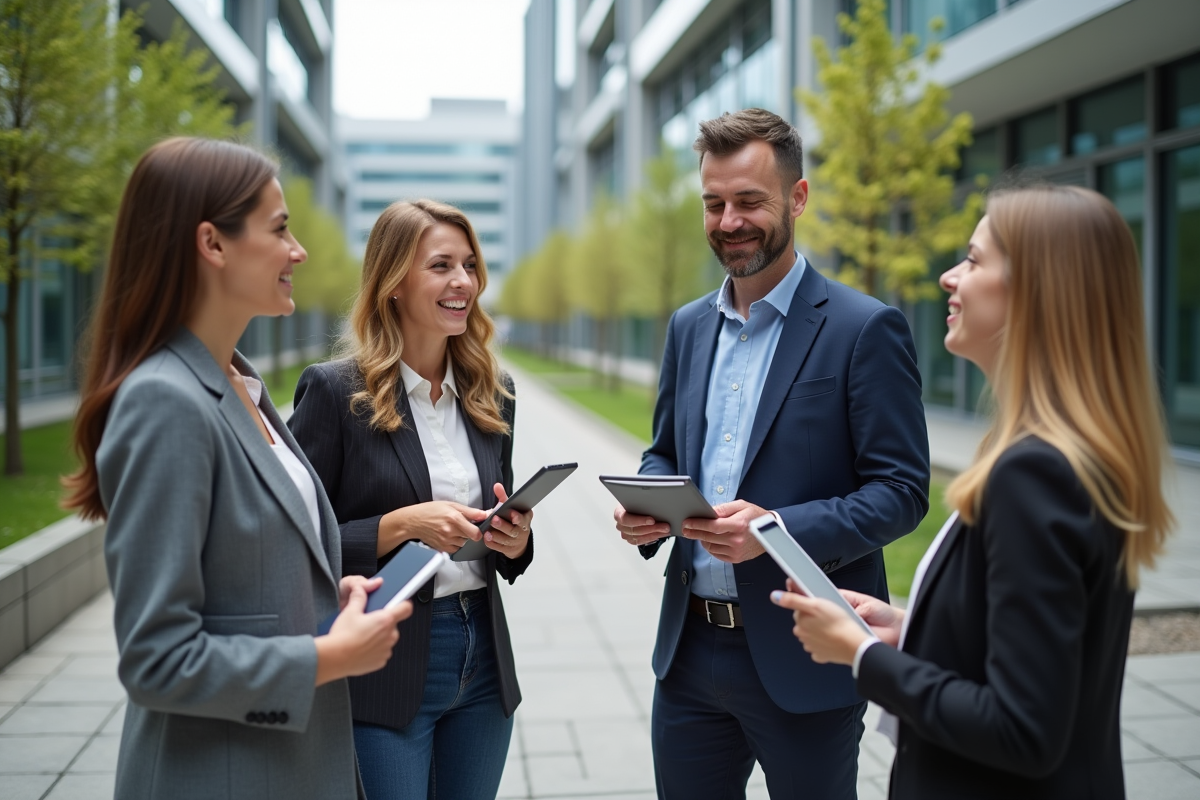 Groupe divers de professionnels discutant en extérieur