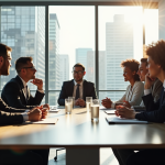 Prendre part au comité d’entreprise de Loxam : comment et pourquoi ? Groupe de professionnels en réunion dans un bureau lumineux