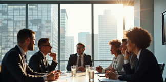 Groupe de professionnels en réunion dans un bureau lumineux