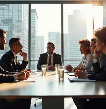 Groupe de professionnels en réunion dans un bureau lumineux