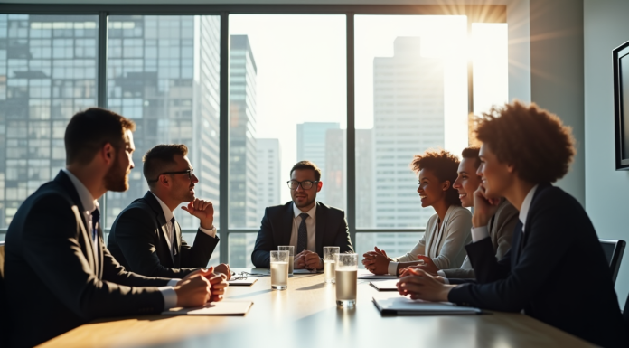 Prendre part au comité d’entreprise de Loxam : comment et pourquoi ? Groupe de professionnels en réunion dans un bureau lumineux