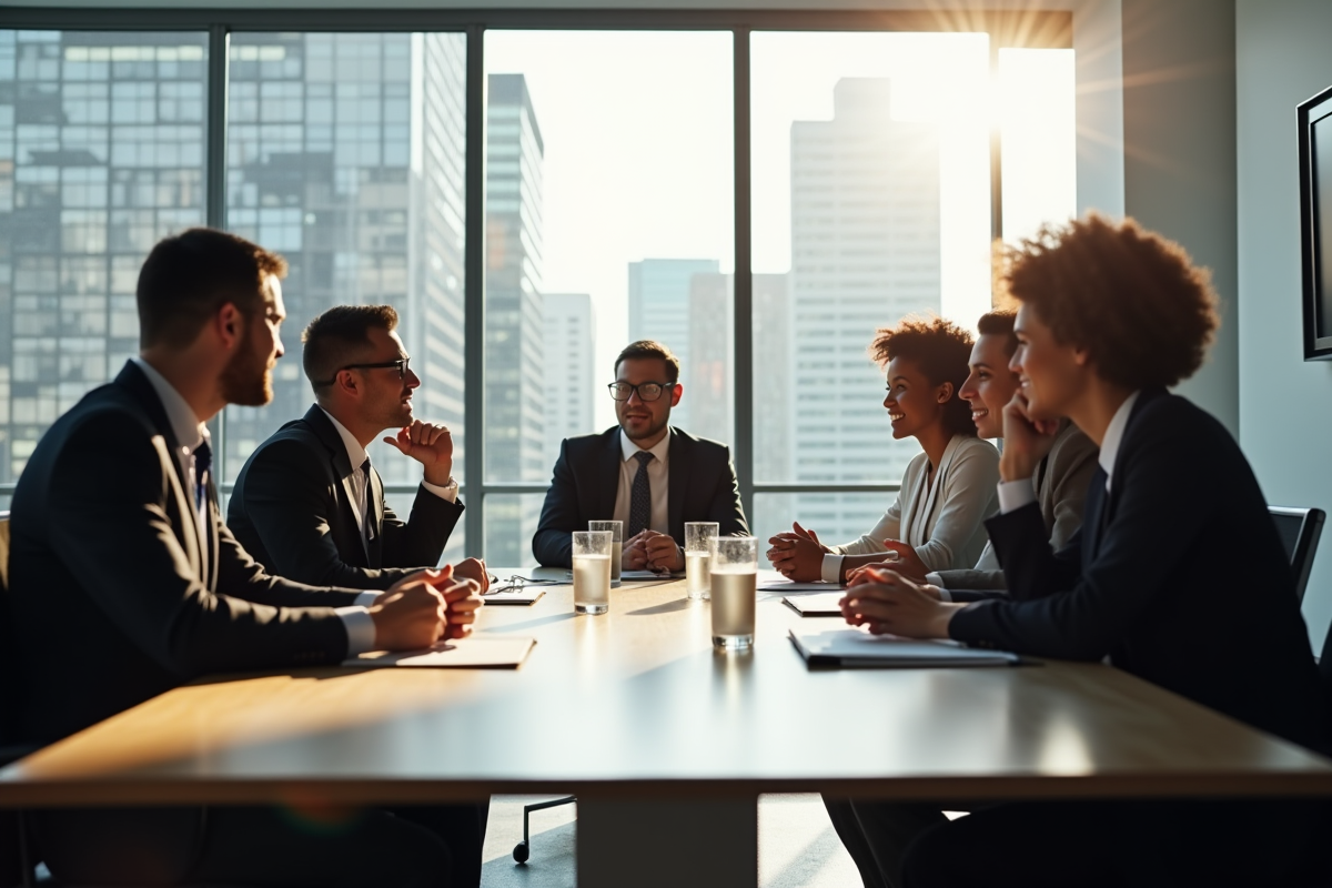 Groupe de professionnels en réunion dans un bureau lumineux