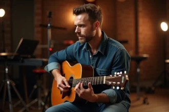 Guitariste masculin tenant une guitare acoustique dans les coulisses d'un plateau de télévision, expression concentrée