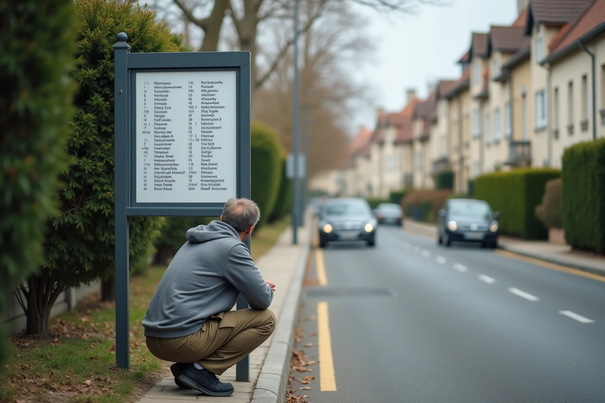 Homme consultant un panneau de plan de quartier pour trouver l'impasse des Lilas dans une rue résidentielle française