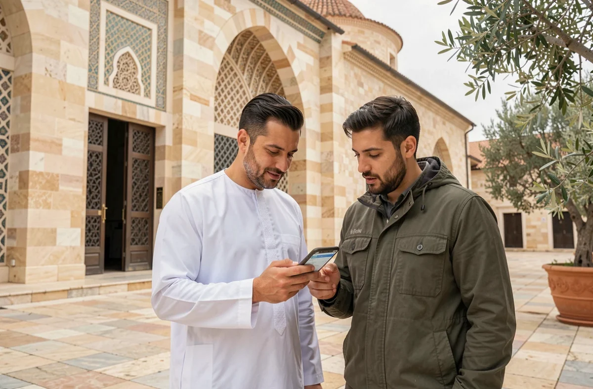 Deux hommes consultant une application des heures de prières devant la mosquée de Narbonne