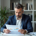 Prévisions inflation 2025 : tendance à la baisse confirmée ? Homme d affaires en costume dans son bureau moderne